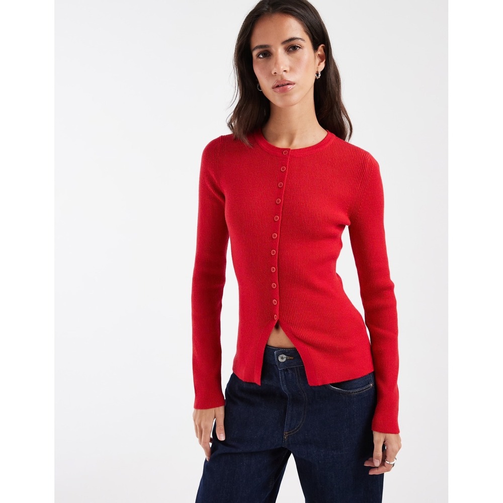 ASOS DESIGN Fitted Rib Knit Longline Cardigan Red Crew Neck Slim Fit Size S